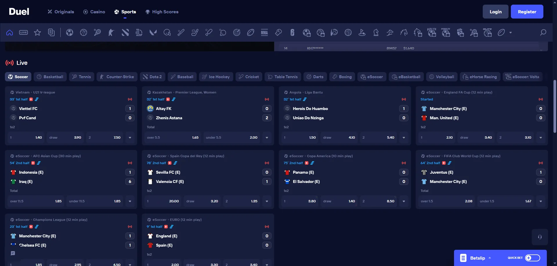Apuestas deportivas en Duel Casino &mdash; f&uacute;tbol, esports y m&aacute;s